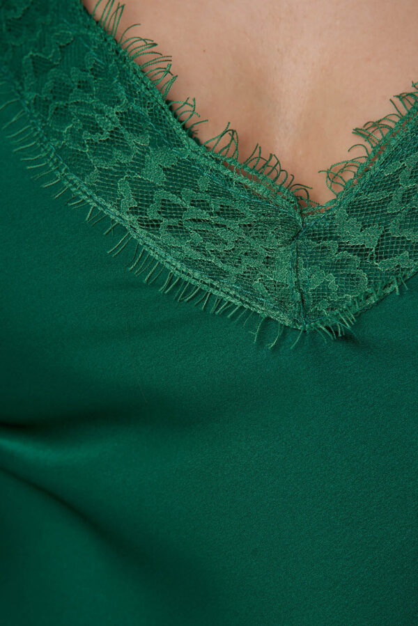 Green Top Shirt Loose Fit From Satin With Straps With Lace Details.