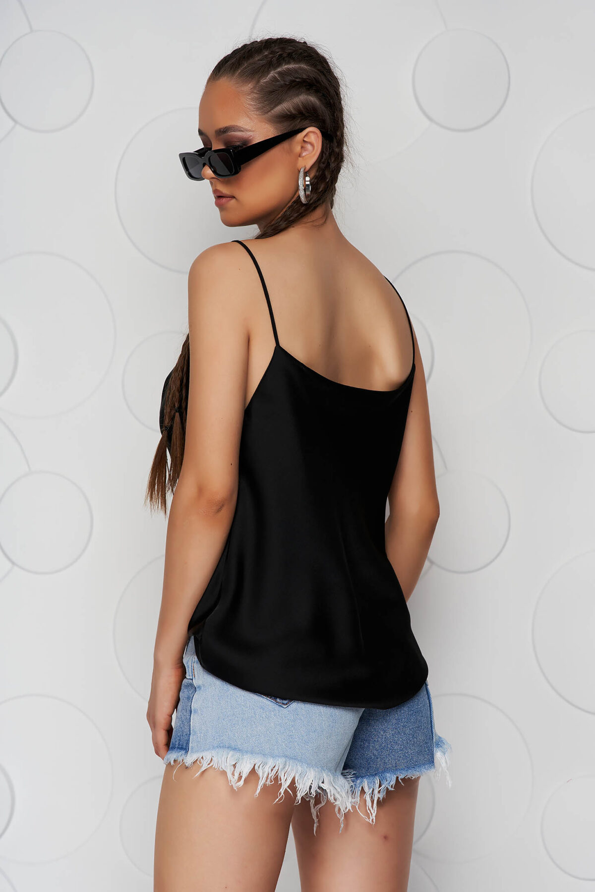 Black Top Shirt Loose Fit From Satin With Straps And Dropped Neckline