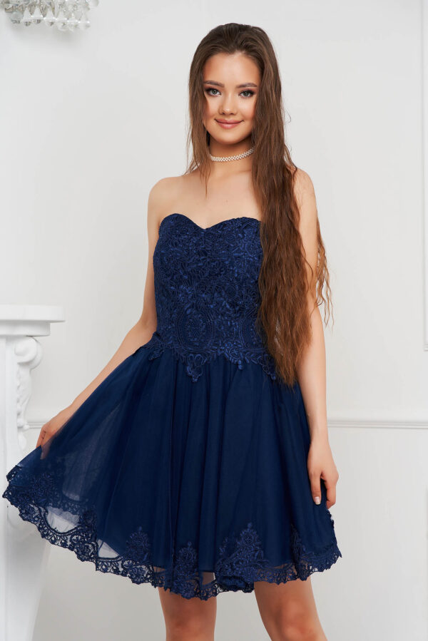 Darkblue Dress Short Cut Occasional Cloche From Veil Fabric With Push-Up Cups With Embroidery Details.