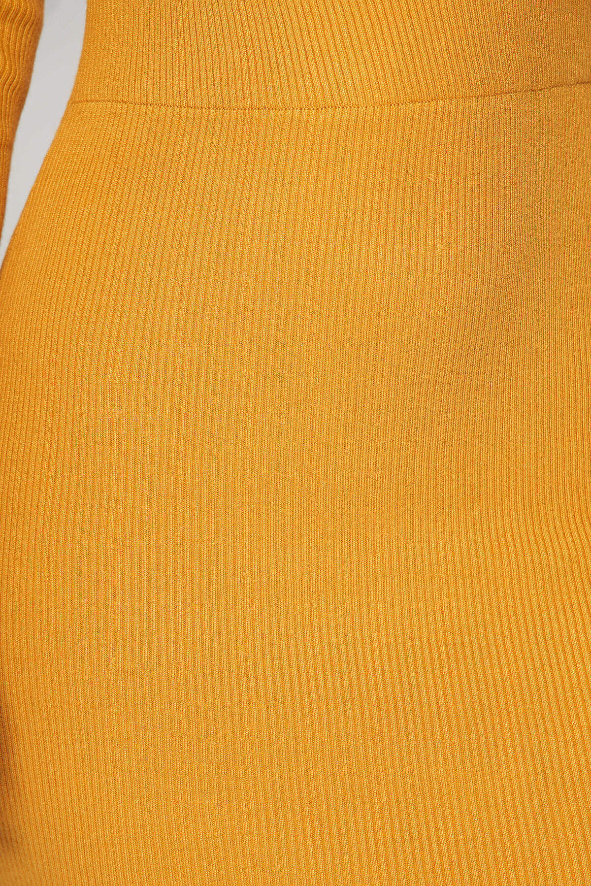 Mustard Dress Knitted From Elastic And Fine Fabric From Striped Fabric Pencil With Lace Details