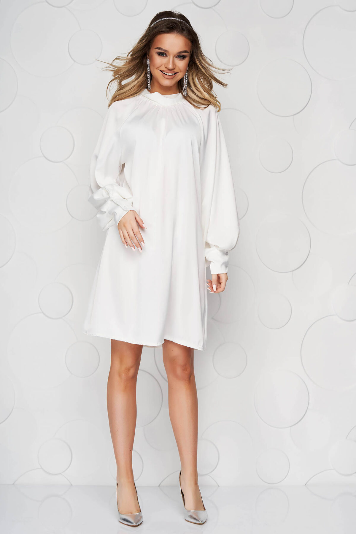 White Dress From Satin With Puffed Sleeves Loose Fit Bow Accessory