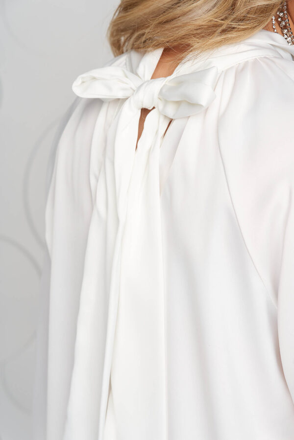 White Dress From Satin With Puffed Sleeves Loose Fit Bow Accessory