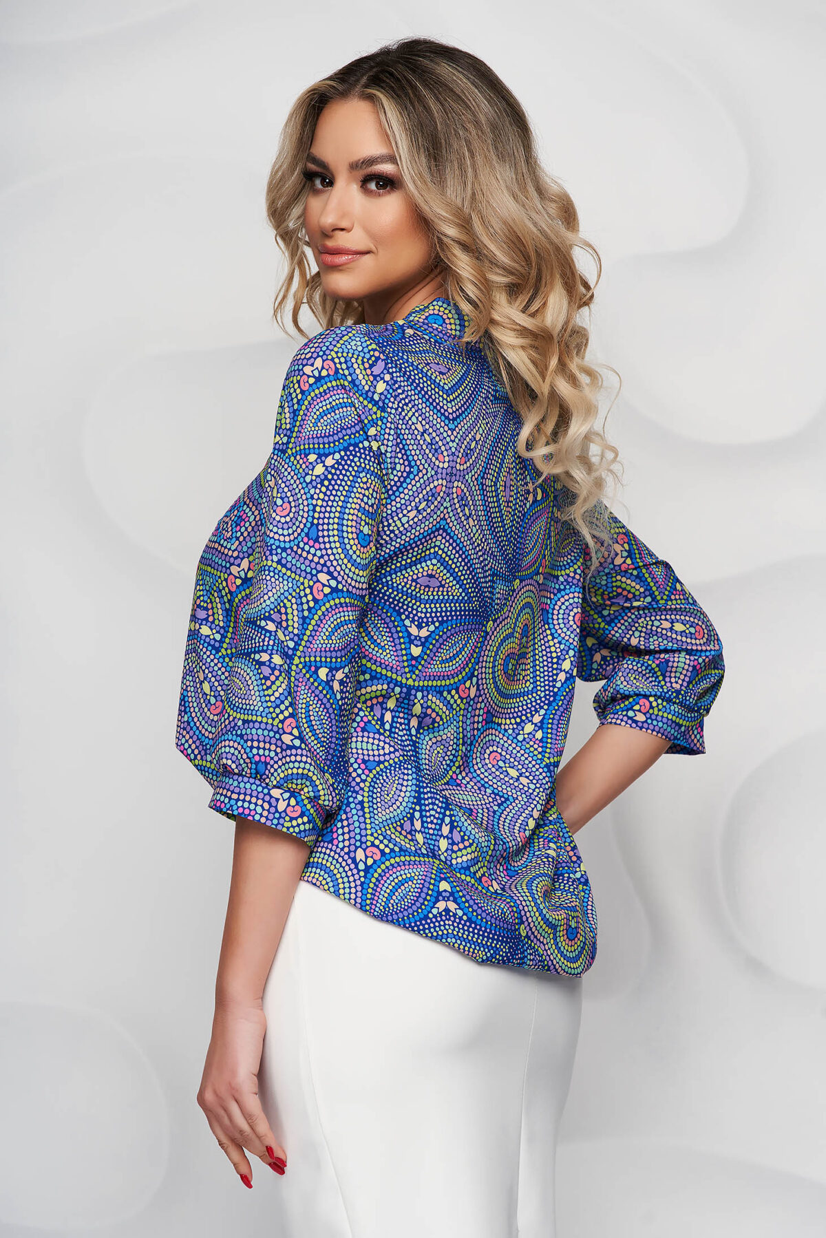 Blue Women`s Blouse With Floral Print Airy Fabric