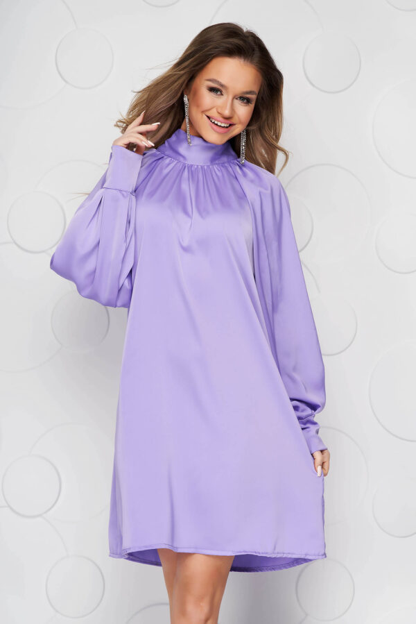 Lila Dress From Satin With Puffed Sleeves Loose Fit Bow Accessory