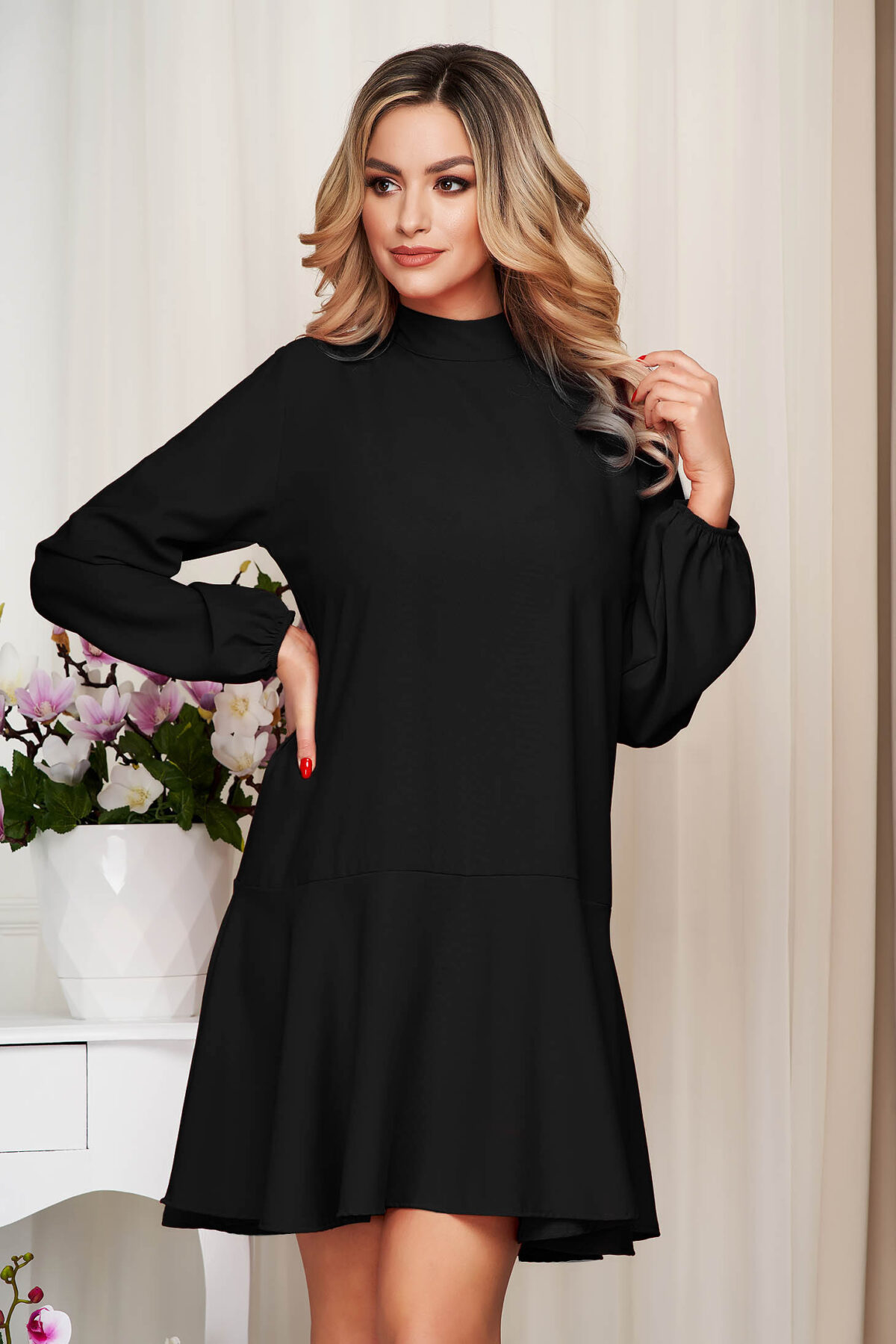 Black Dress Loose Fit With Ruffle Details With Turtle Neck