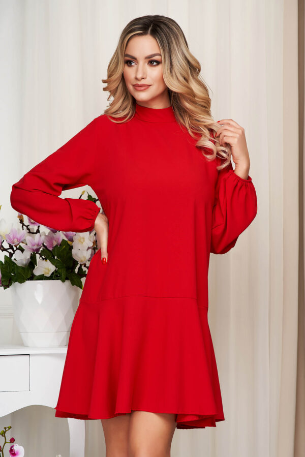 Red Dress Loose Fit With Ruffle Details With Turtle Neck