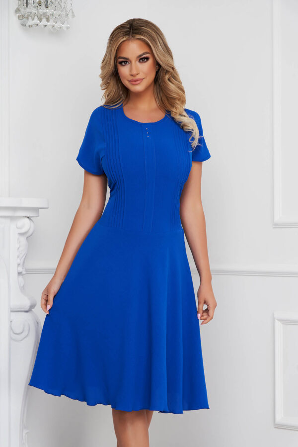 Blue Dress Midi Cloche Wrinkled Material Short Sleeves