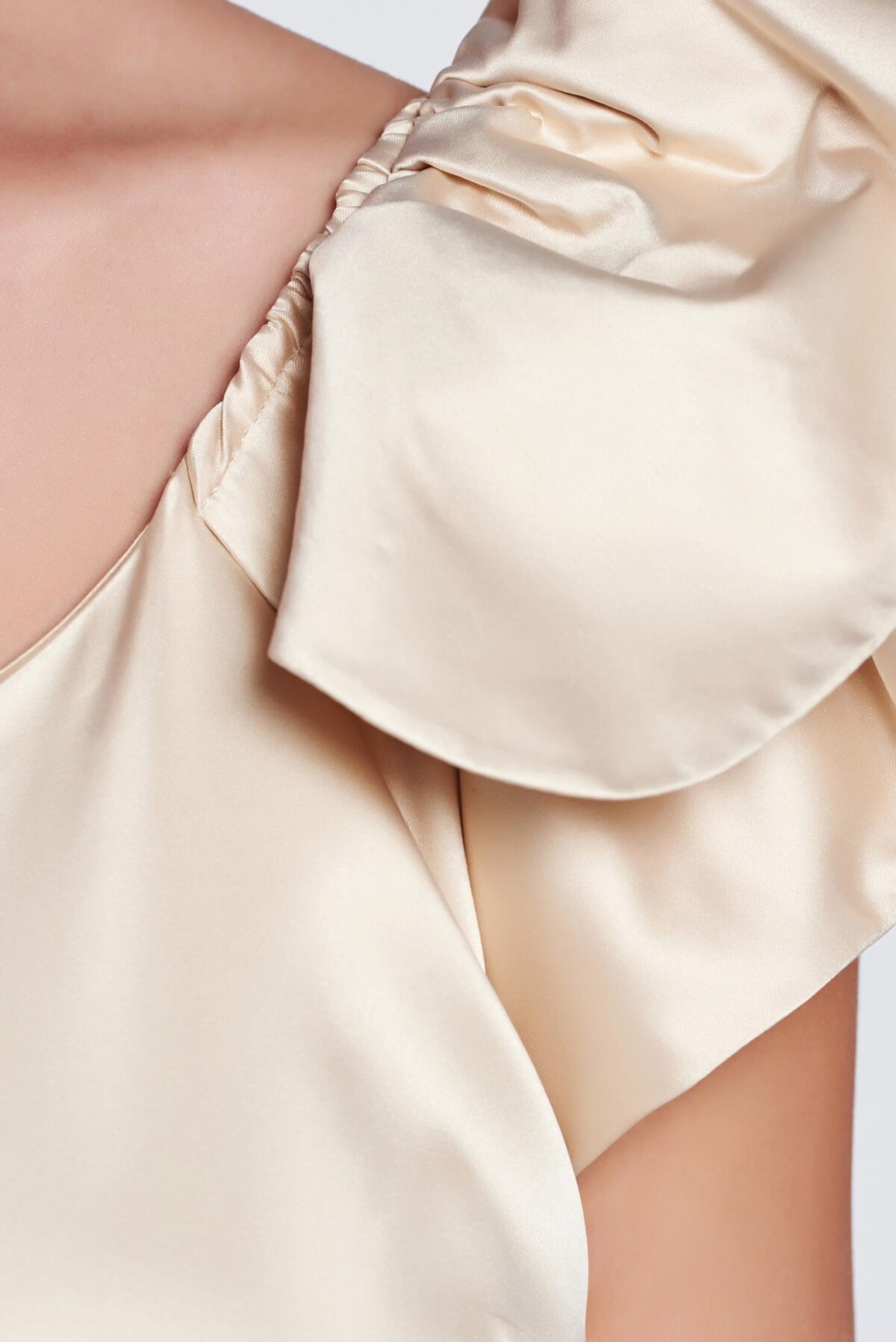 Cream Elegant One Shoulder Women`s Blouse With Satin Fabric Texture