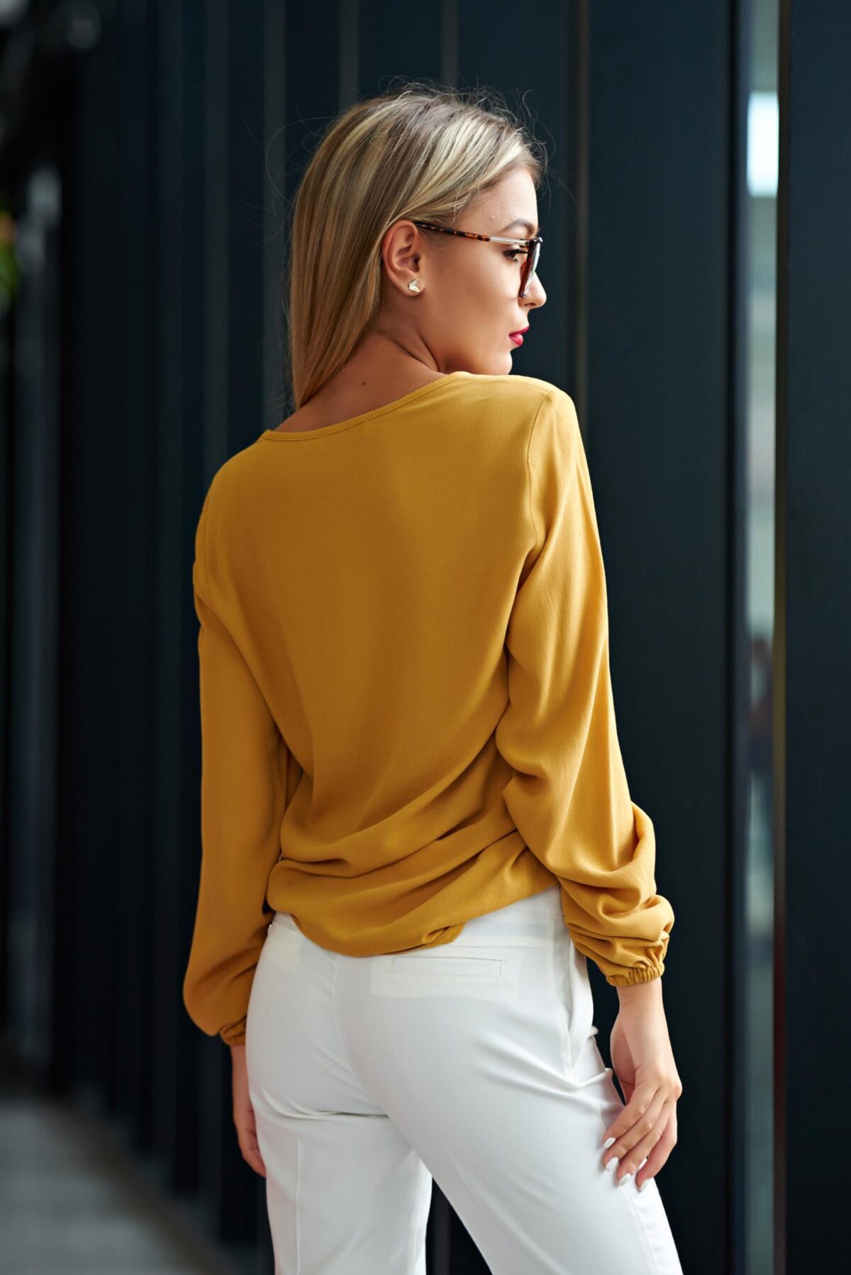Flared embroidered yellow office women`s blouse