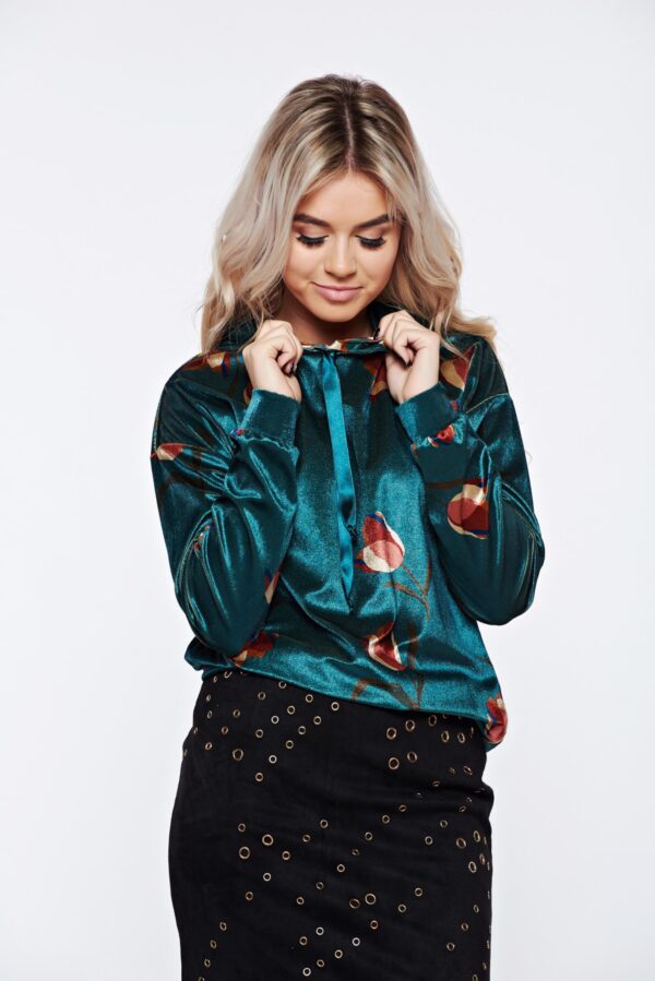 Casual Velvet Green Hoodie With Floral Print