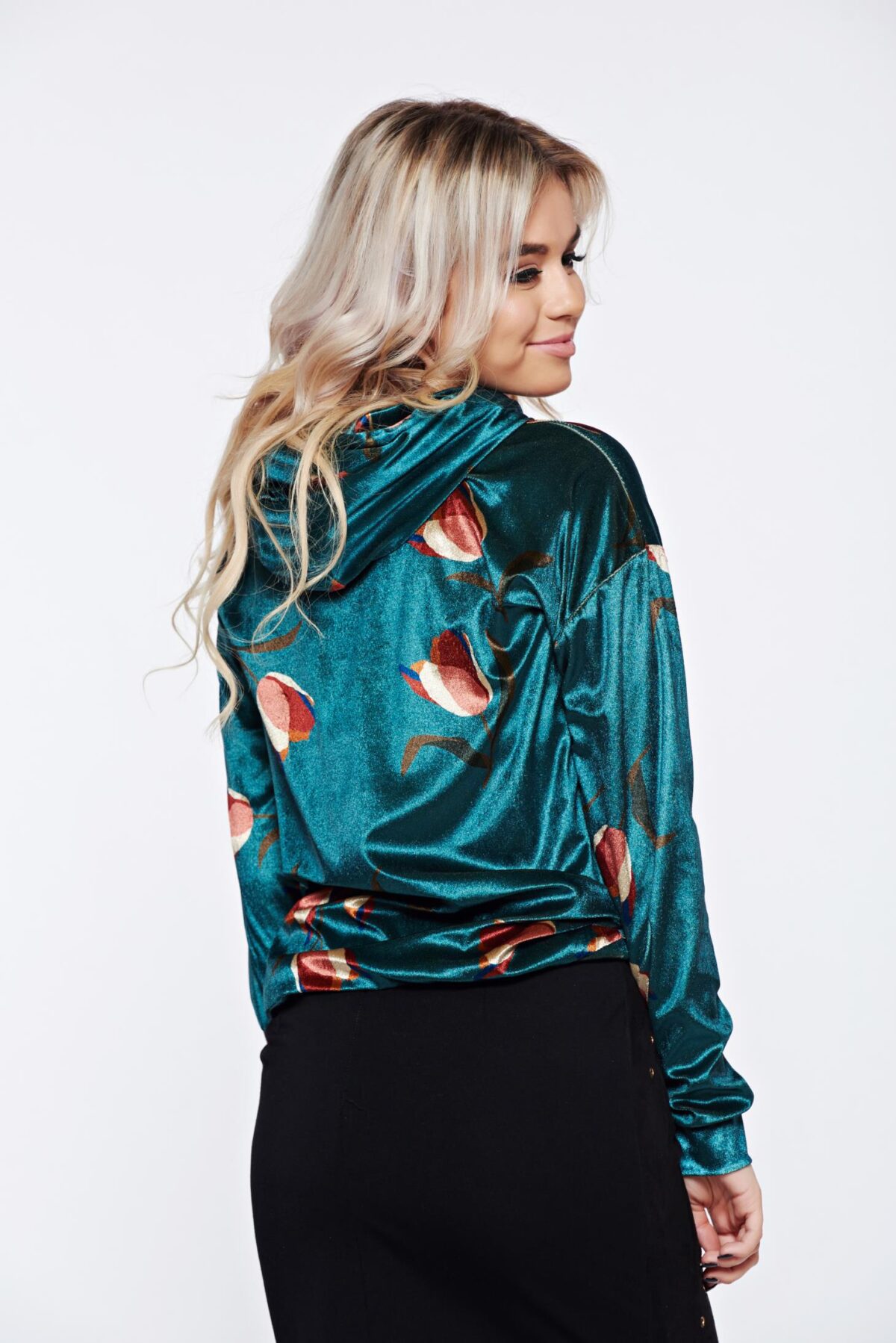 Casual Velvet Green Hoodie With Floral Print