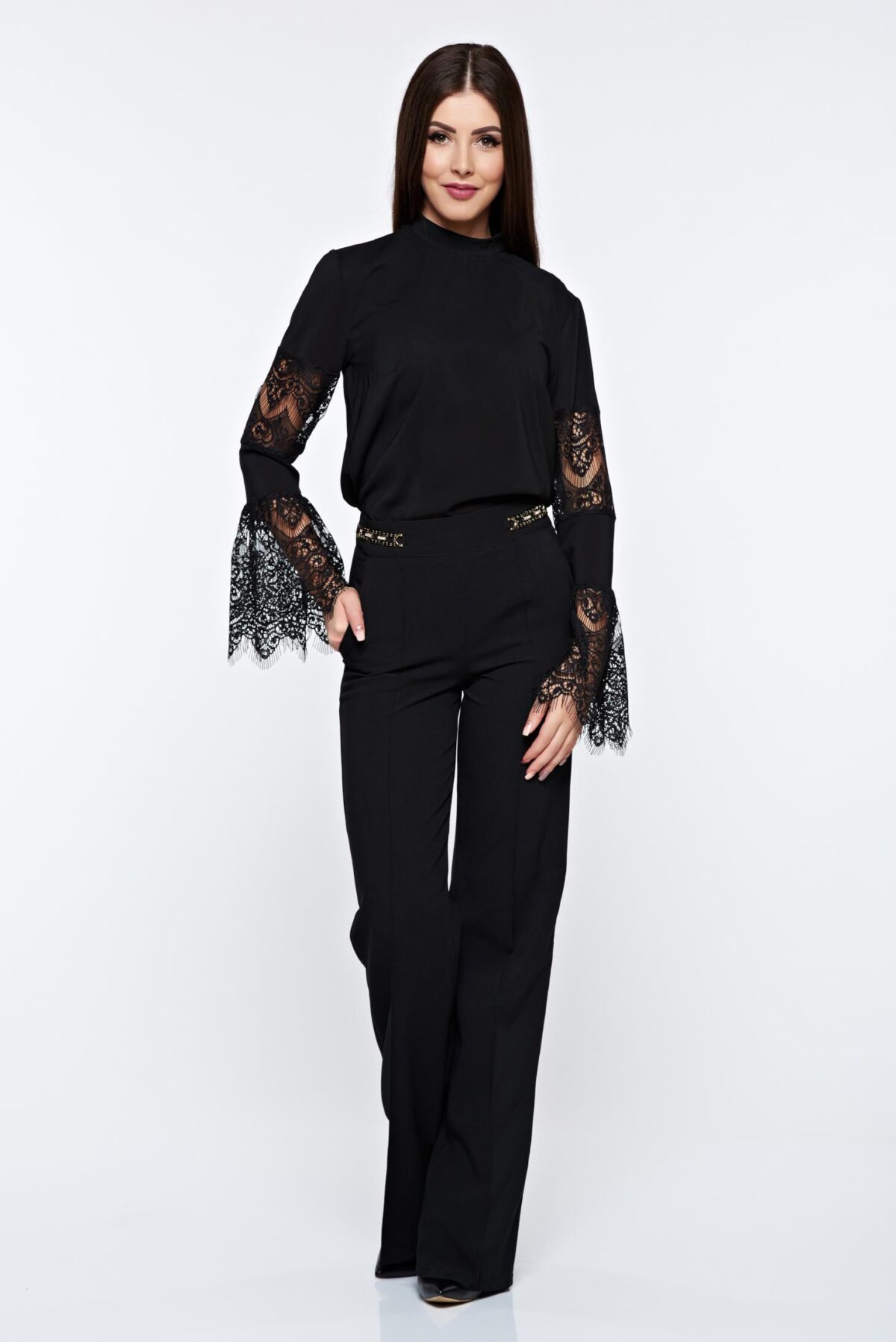 Black Women`s Blouse Elegant With Bell Sleeve Laced