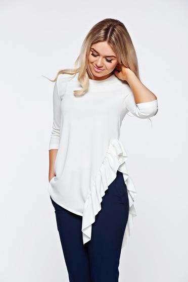 White Women`s Blouse Office Asymmetrical Of Elastic Fabric With Ruffle Details