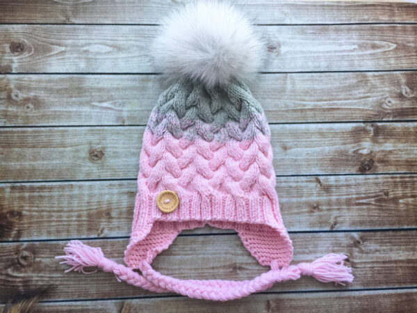 Hand Knitted Fur Pom Pom Pink-Gray Hat