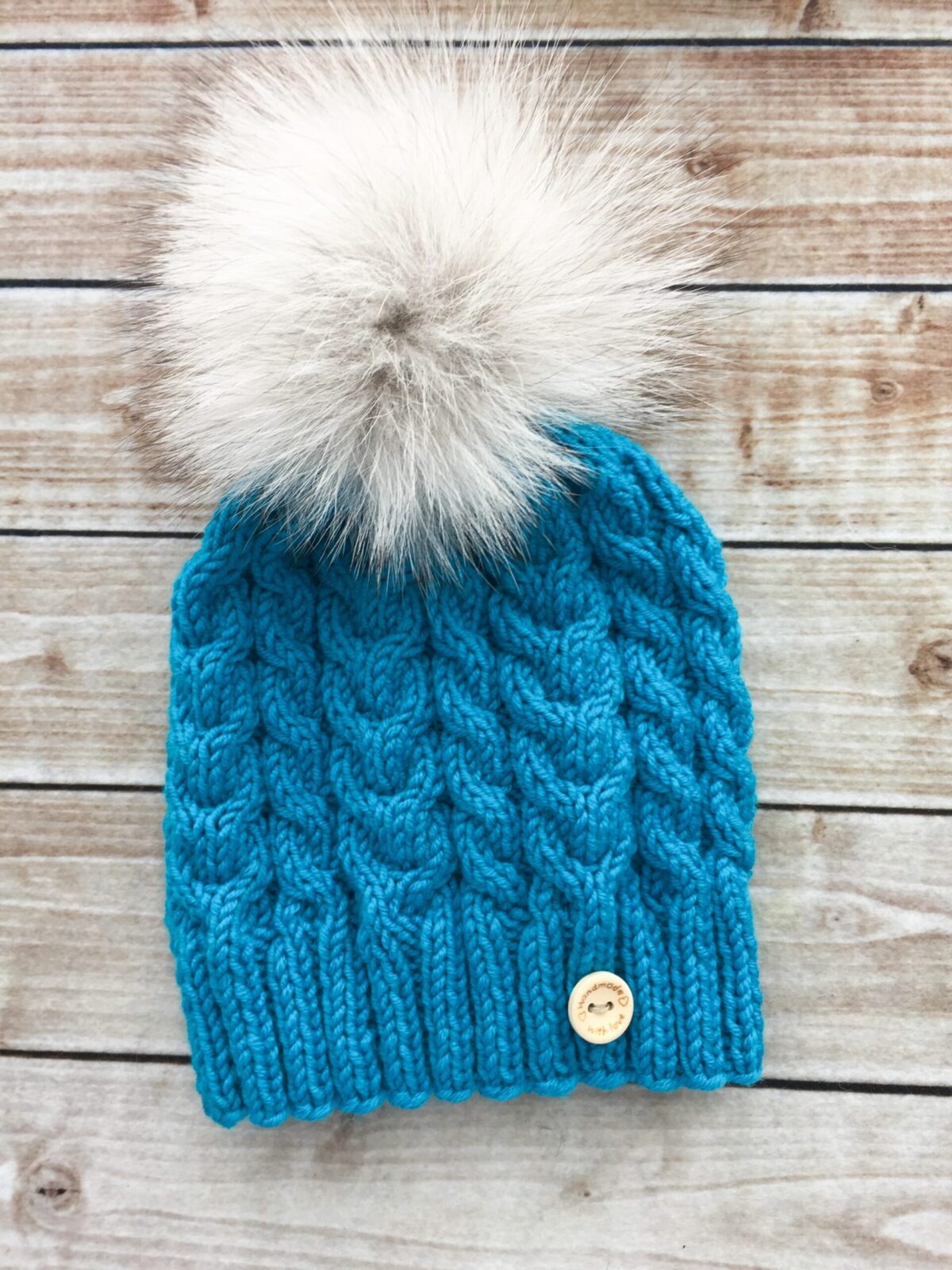 Hand Knitted Fur Pom Pom Blue Hat