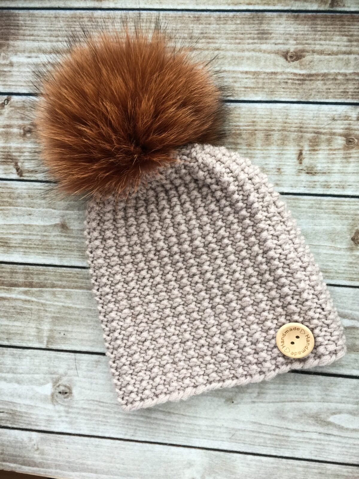 Hand Knitted  Fur Pom Pom Brown Hat