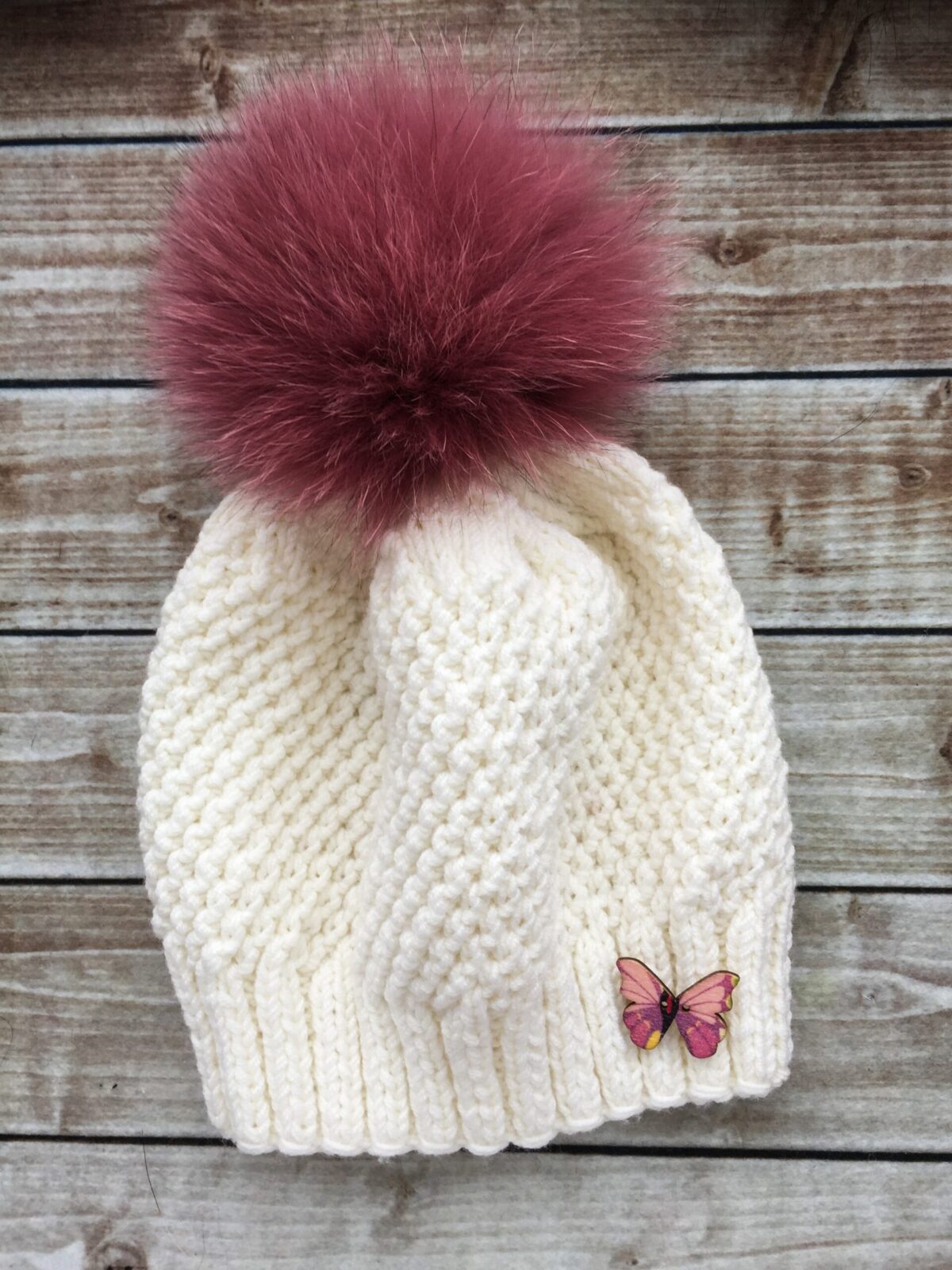 Hand Knitted Fur Pom Pom White Hat