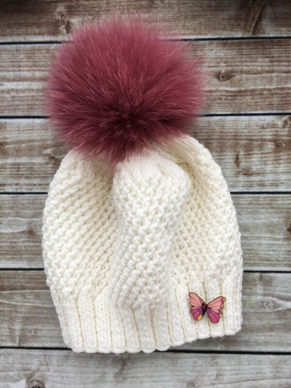 Hand Knitted Fur Pom Pom White Hat