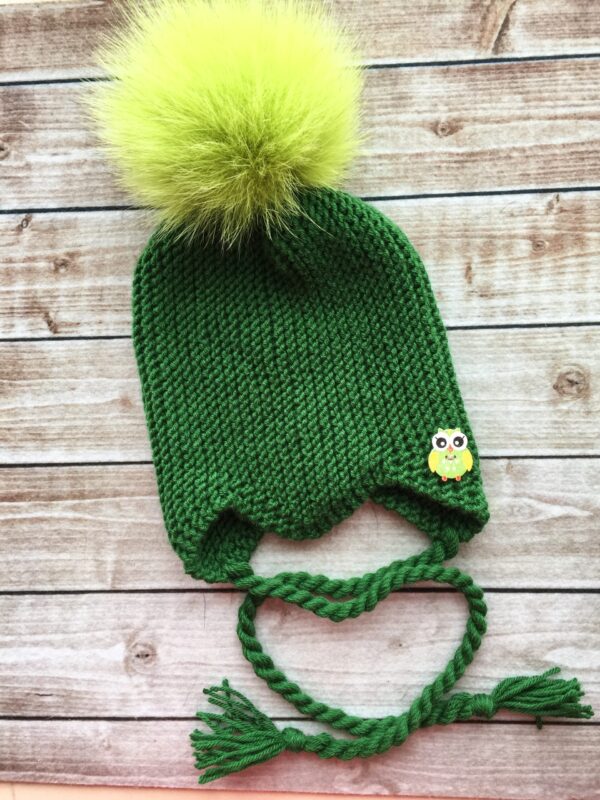 Hand Knitted Fur Pom Pom Green Hat