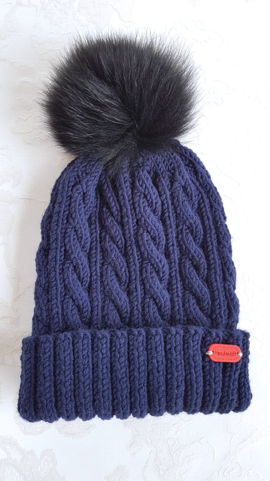 Dark Blue Fur Pom Pom Hat