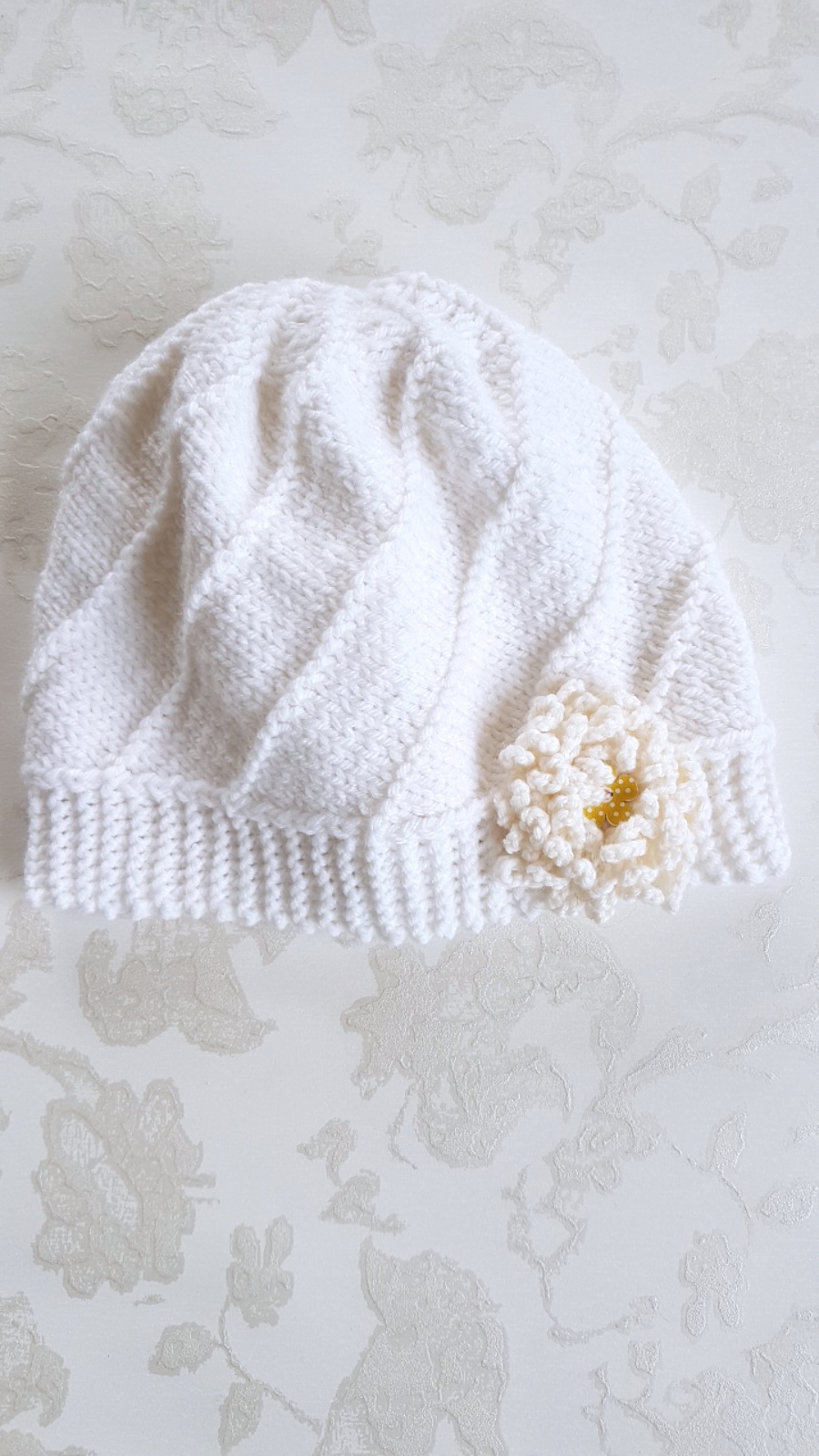 Hand Knitted White Flower Hat