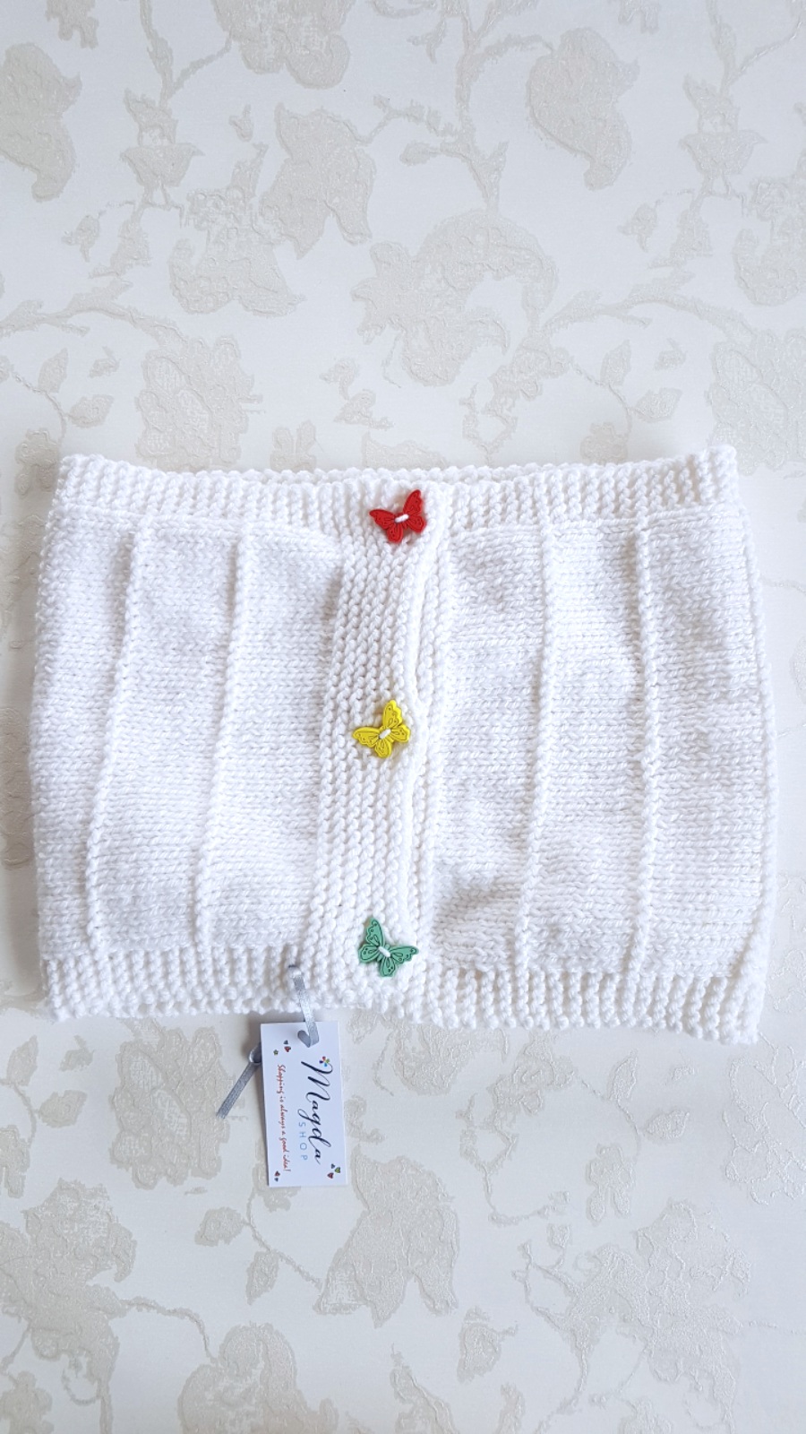 Hand Knitted White Flower Warmer