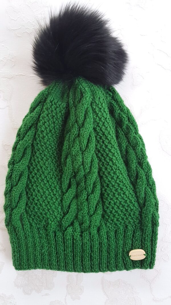Green Real Fur Pom Pom Beanie