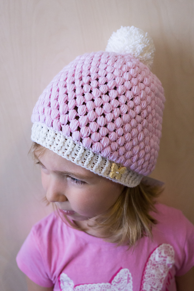 Crochet Hat-Pink With White Pom Pom