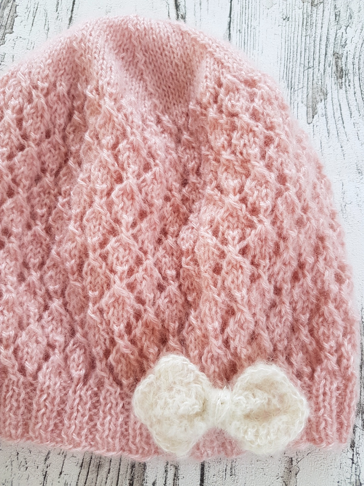 Knitted Pink -White Bow Hat