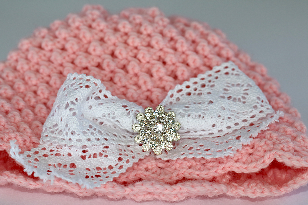 Knitted Hat Lace Bow & Jewel