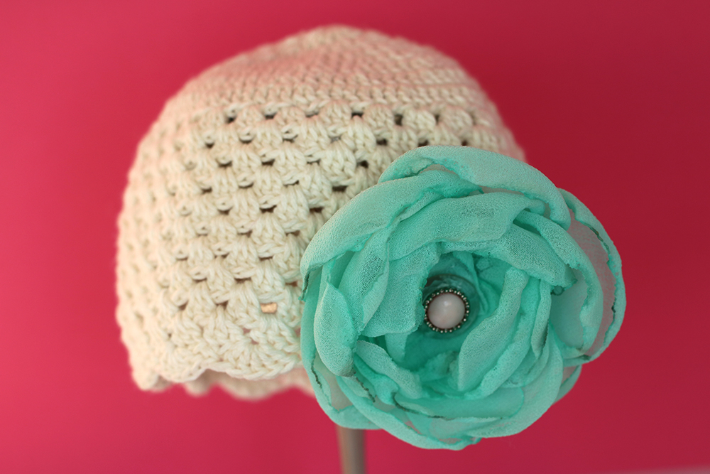 Crochet Hat Turquoise Flower Jewel