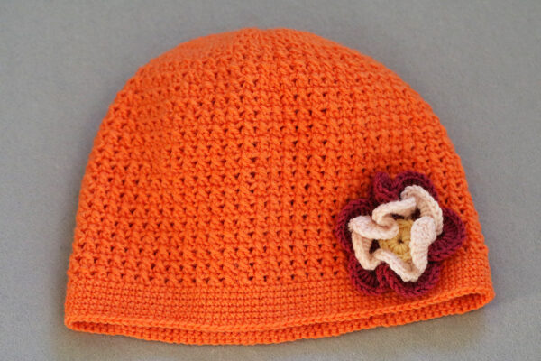 Crochet Hat Orange With Flowers