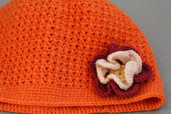 Crochet Hat Orange With Flowers