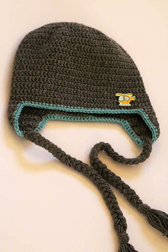 Crochet Hat Grey With Yellow Helicopter