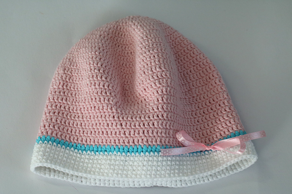 Crochet Pink Hat- Satin Ribbon