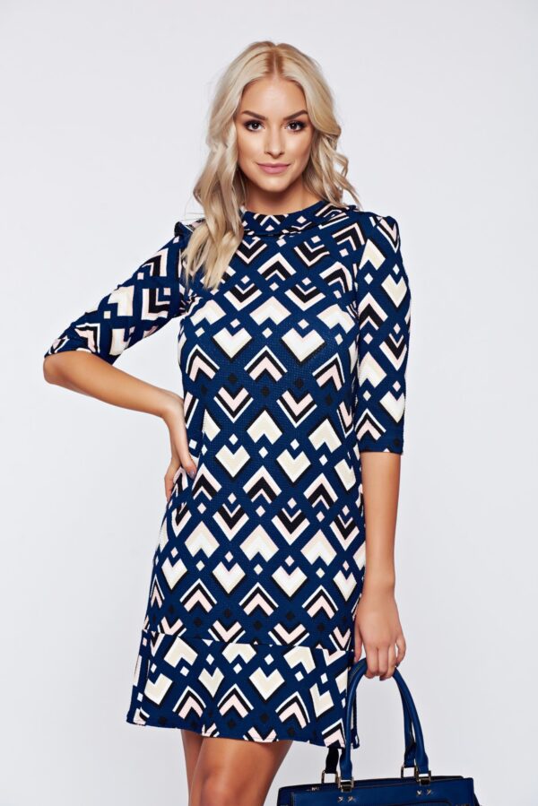 Darkblue Office Dress With 3/4 Sleeve And Print Details