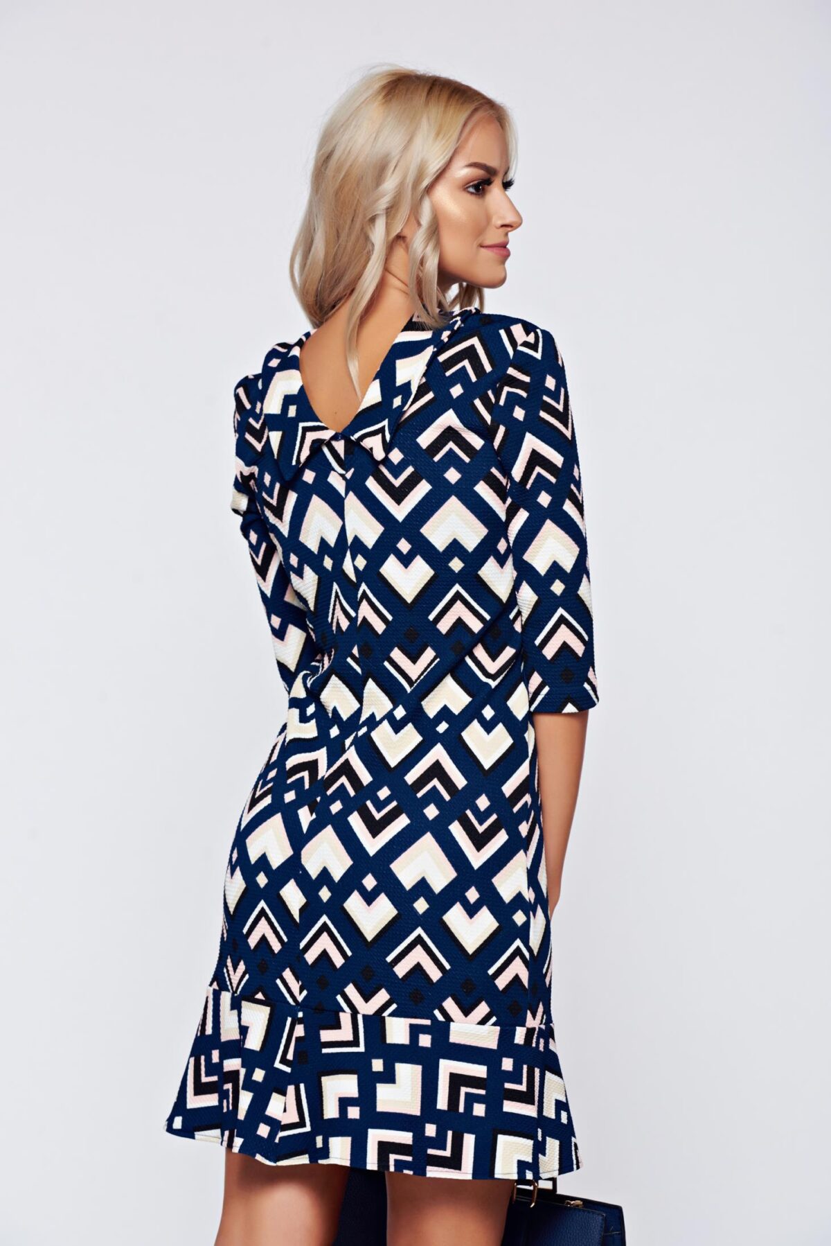 Darkblue Office Dress With 3/4 Sleeve And Print Details