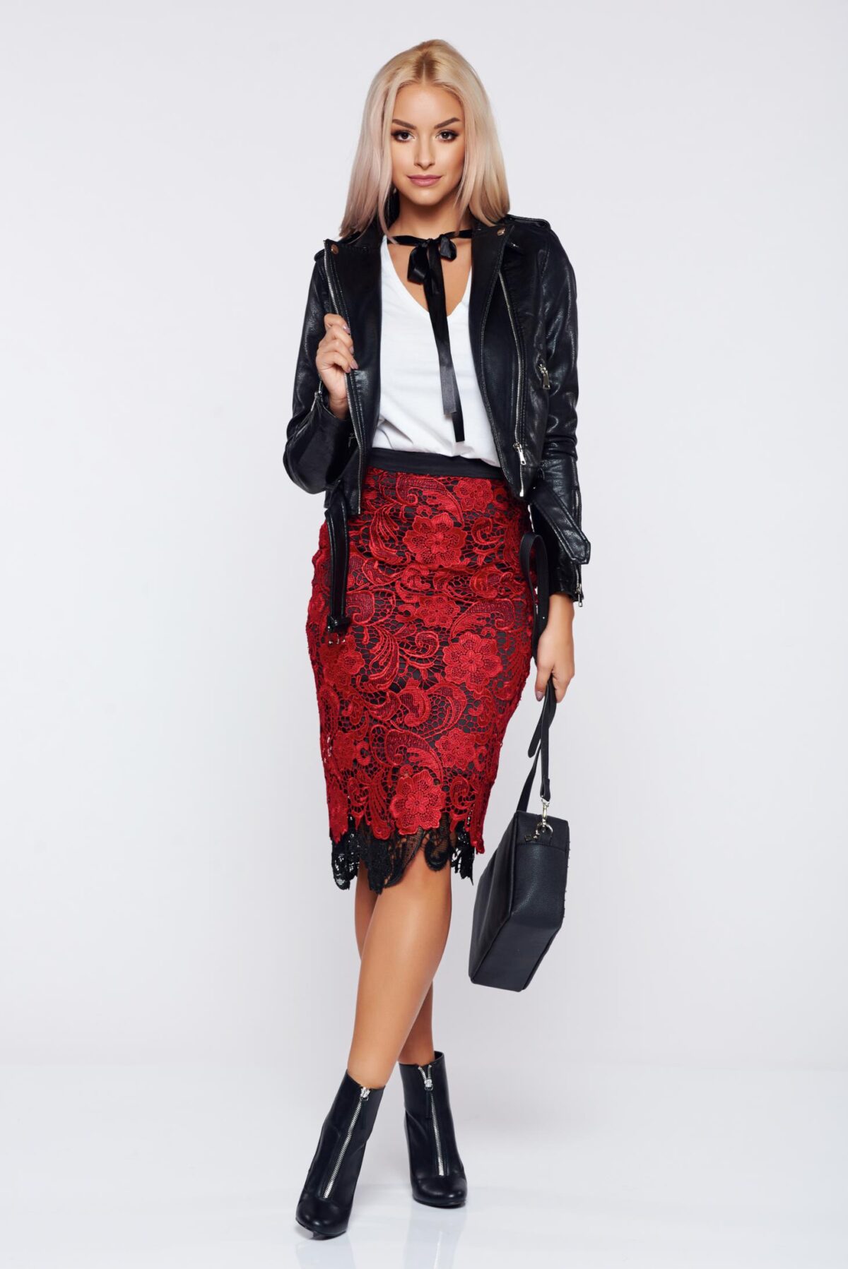 Red Elegant Pencil Knitted Lace Skirt