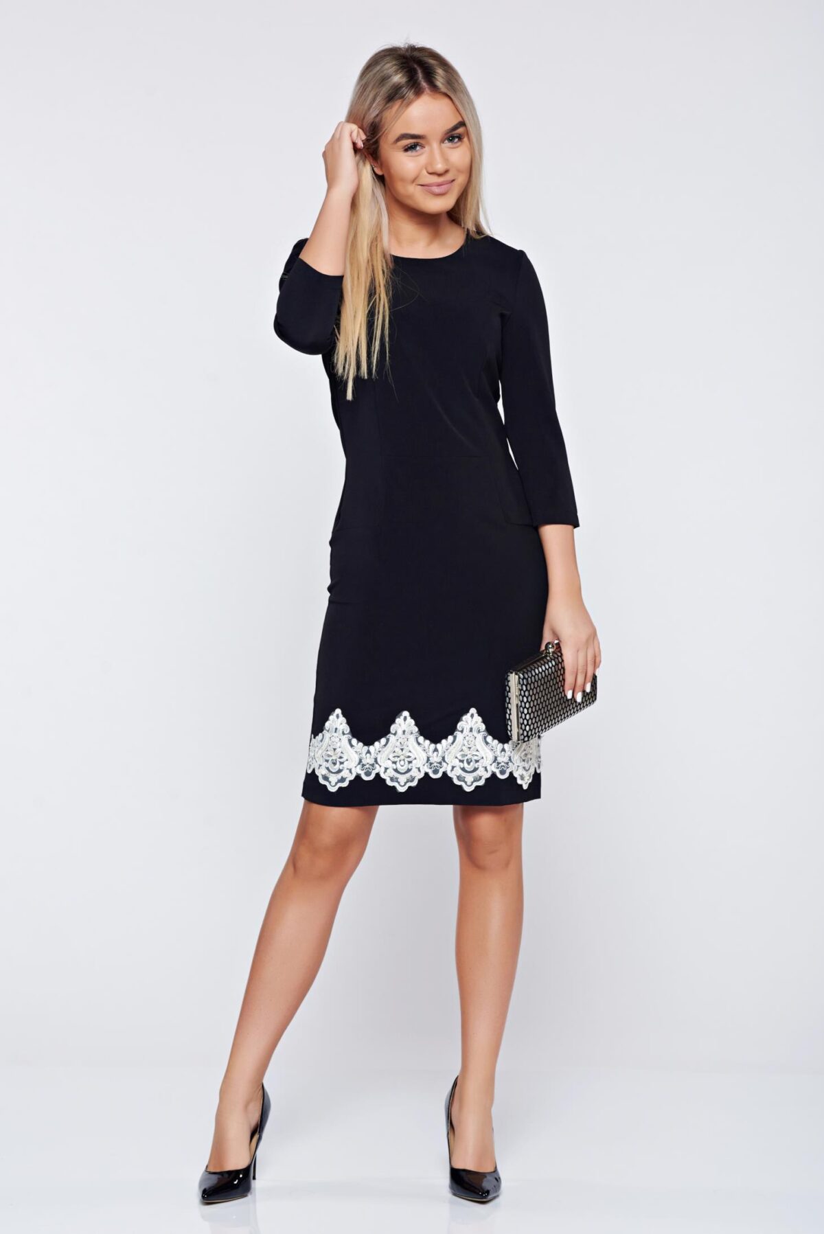 Black Elegant Pencil Dress With Embroidery Details