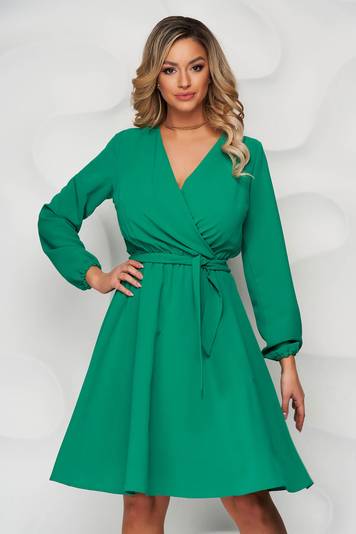 Green Dress Midi Cloche With Elastic Waist Wrap Over Front With Inside Lining