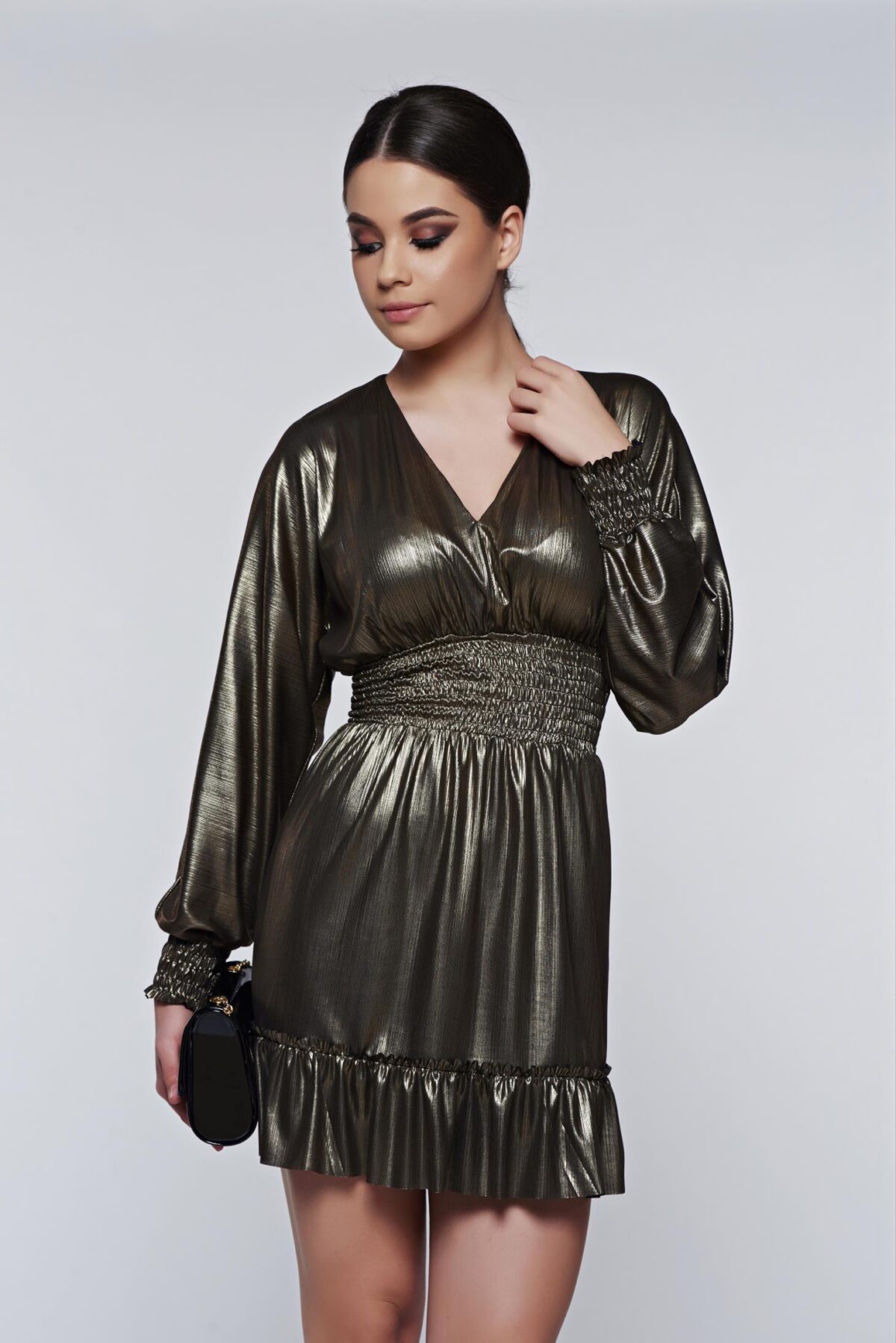 Gold Dress Occasional With V-Neckline With Metallic Aspect