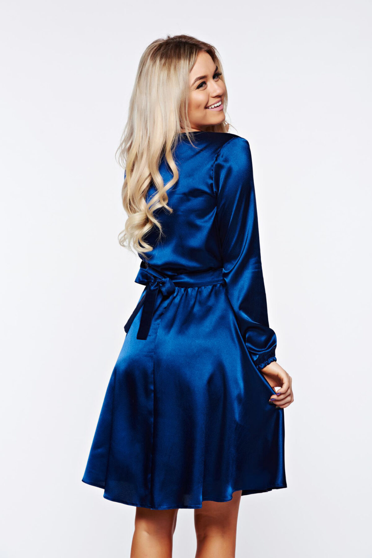 Blue Occasional Dress Strass Wrap Around Of Satin Fabric Texture