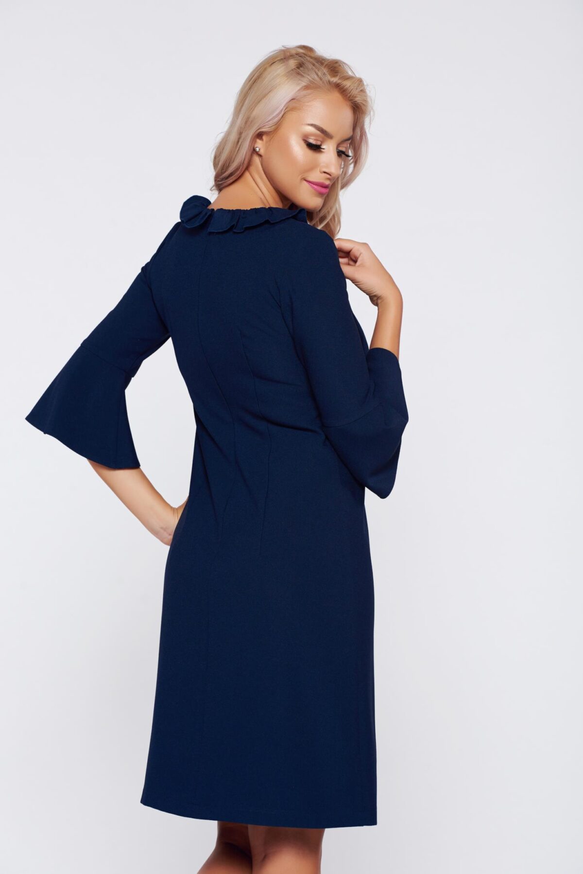 Office darkblue bell sleeve dress with ruffle details
