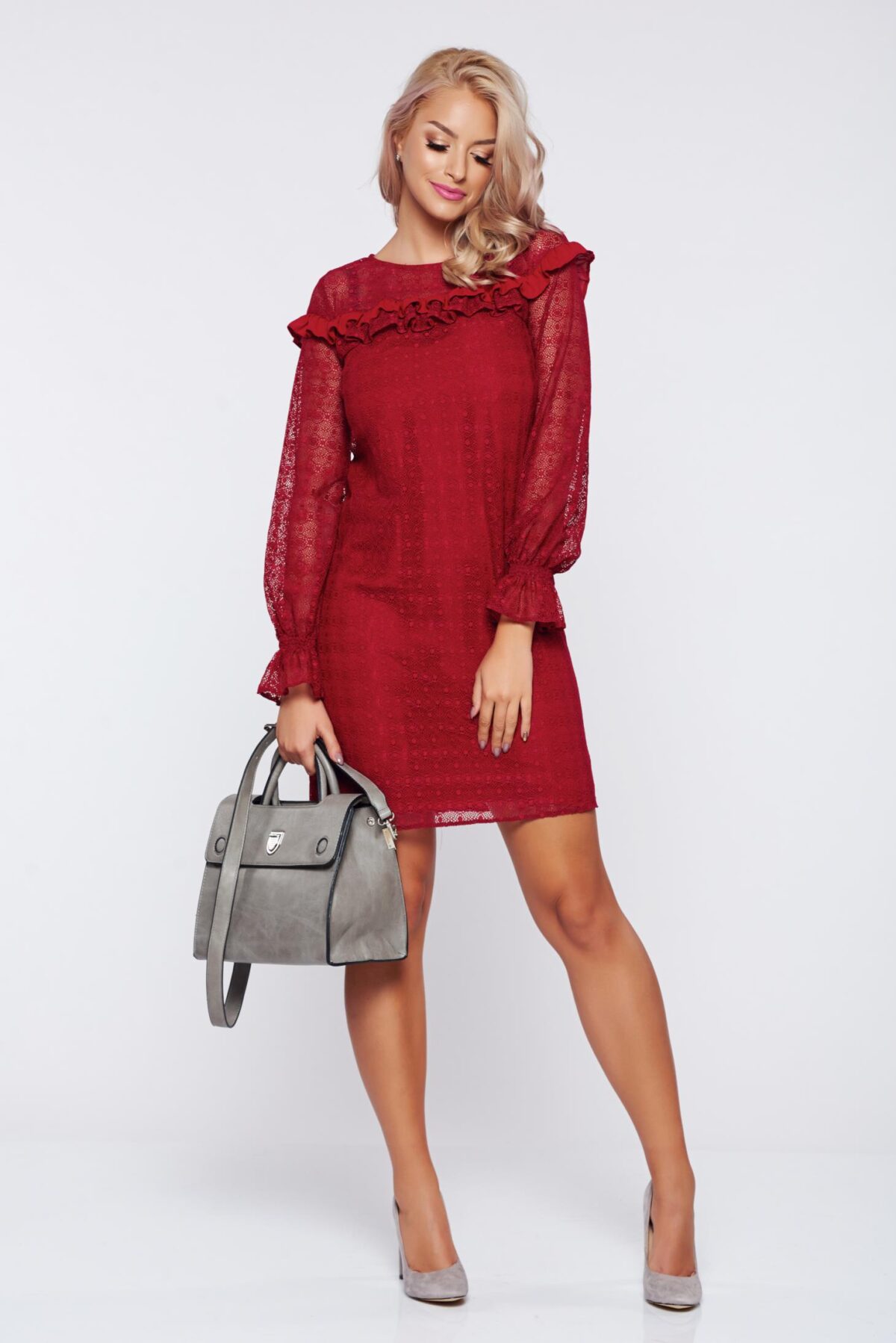 Burgundy elegant laced dress with ruffle details