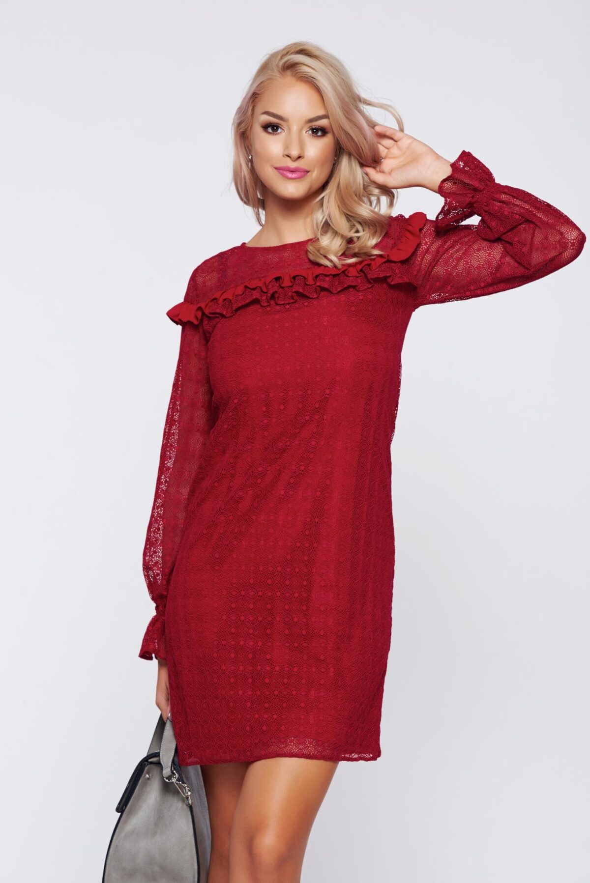 Burgundy elegant laced dress with ruffle details