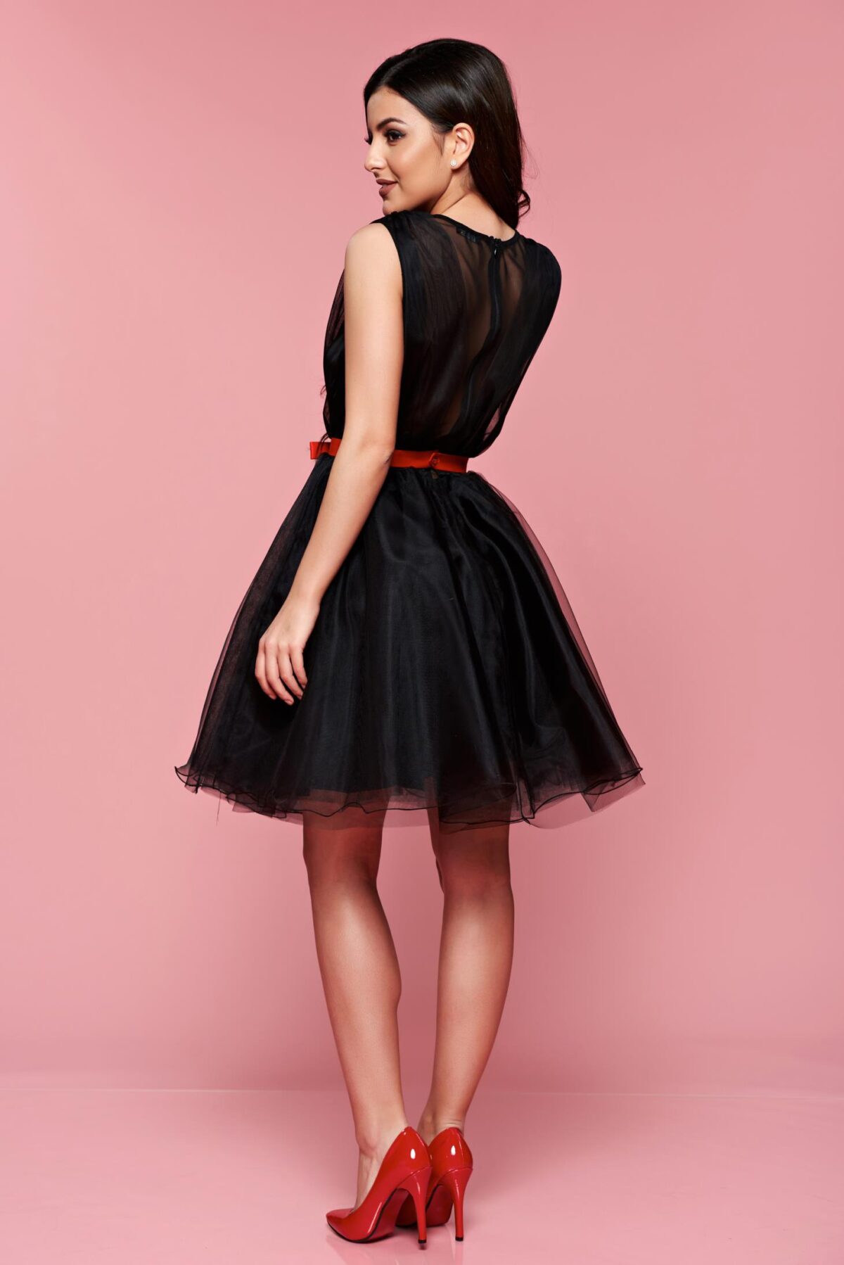 Black Elegant Cloche Dress Accessorized With Tied Waistband
