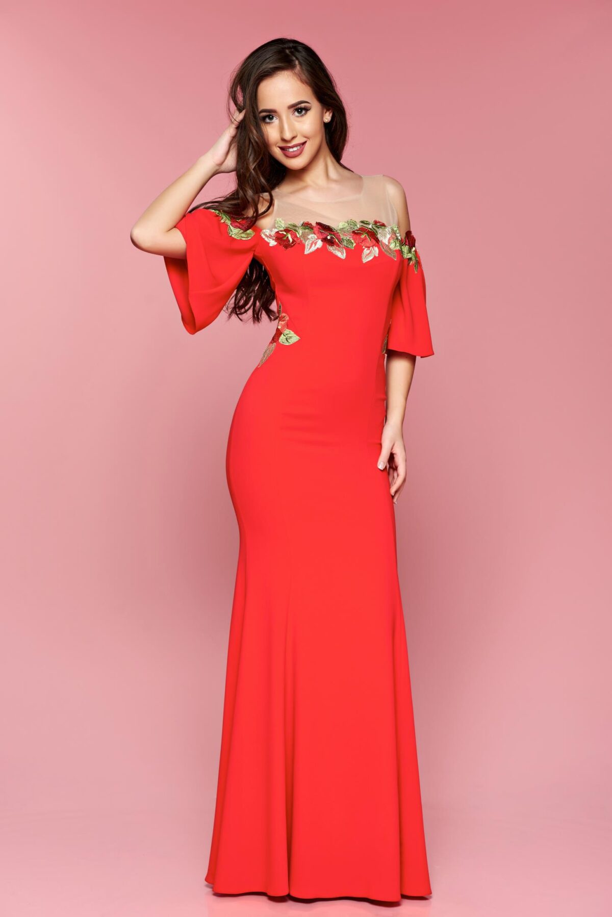 Red Dress Occasional Long Bell Sleeves Embroidered