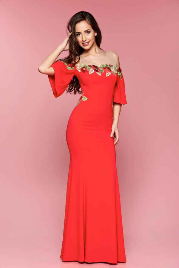 Red Dress Occasional Long Bell Sleeves Embroidered