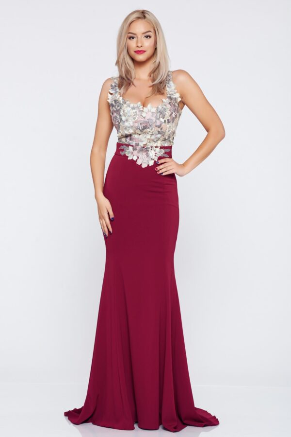 Burgundy embroidered occasional long dress with a cleavage