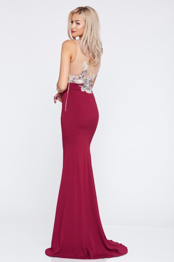 Burgundy embroidered occasional long dress with a cleavage